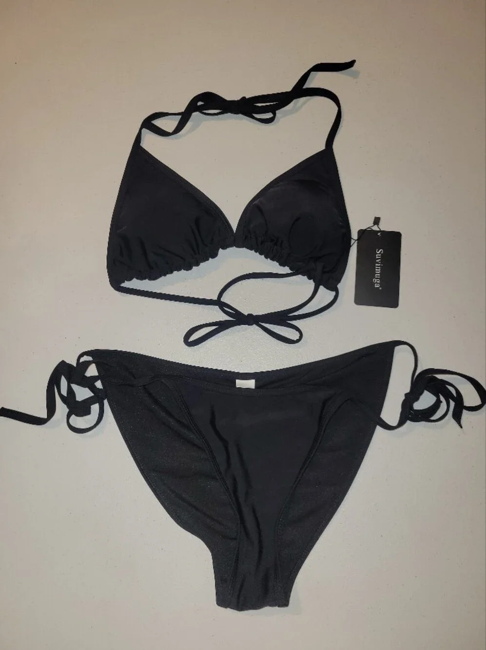 Suvimuga, Black Tie-String Triangle Bikini Set, L
